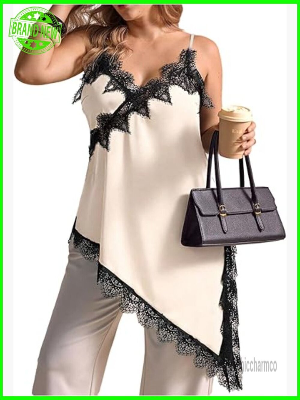 Plus Size Satin Lace Trim Cami V Neck Side Slit Asymmetrical Long Tank